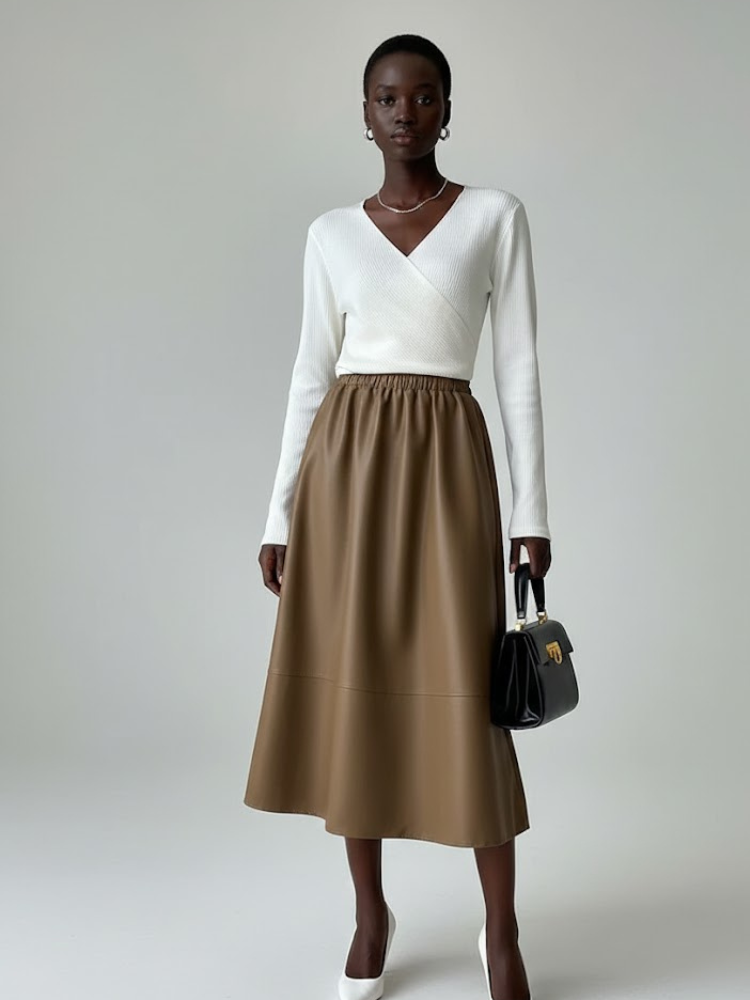  Camel Vegan Leather Midi Skirt LAFAYETTE: New Colección COUTURE in NOLITA - BYMANYC ® New York  NYC Wholesale Boutique Inventory - No MOQ & Ready to Ship