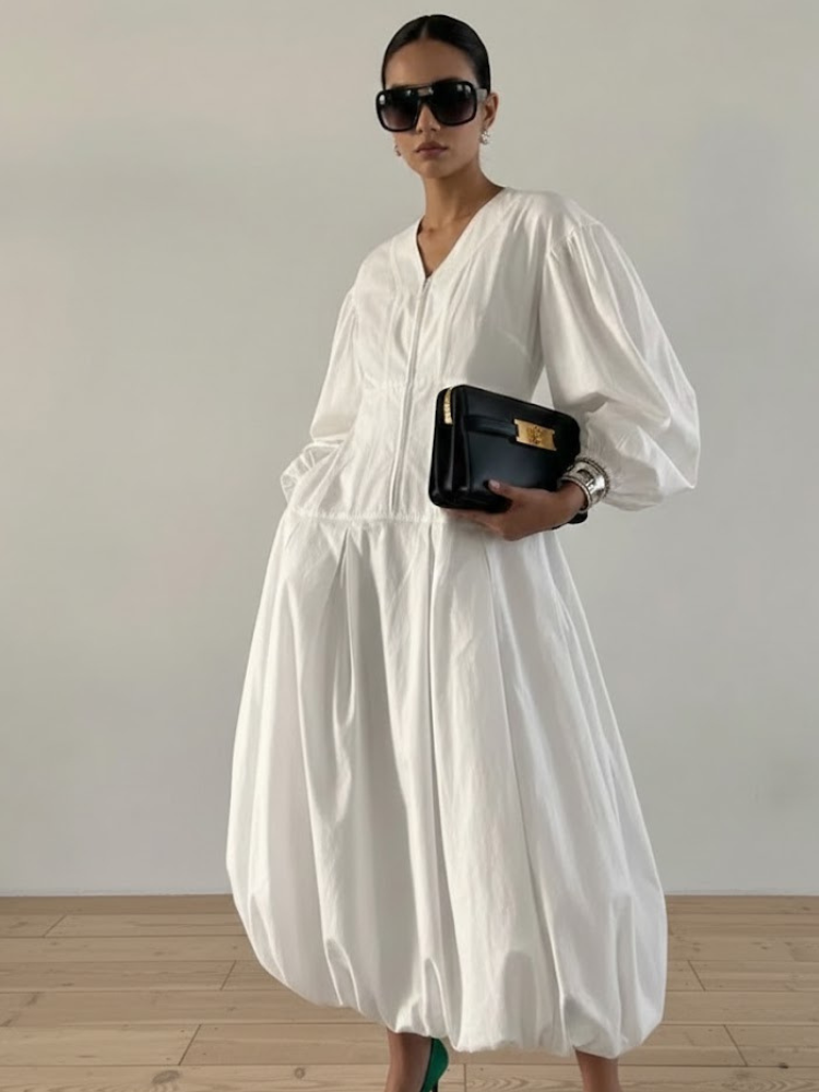 "Cloud" Cotton Poplin Midi Dress with Puff Sleeves & Bubble Hem • BYMANYC ® New York - BYMANYC ® New York  