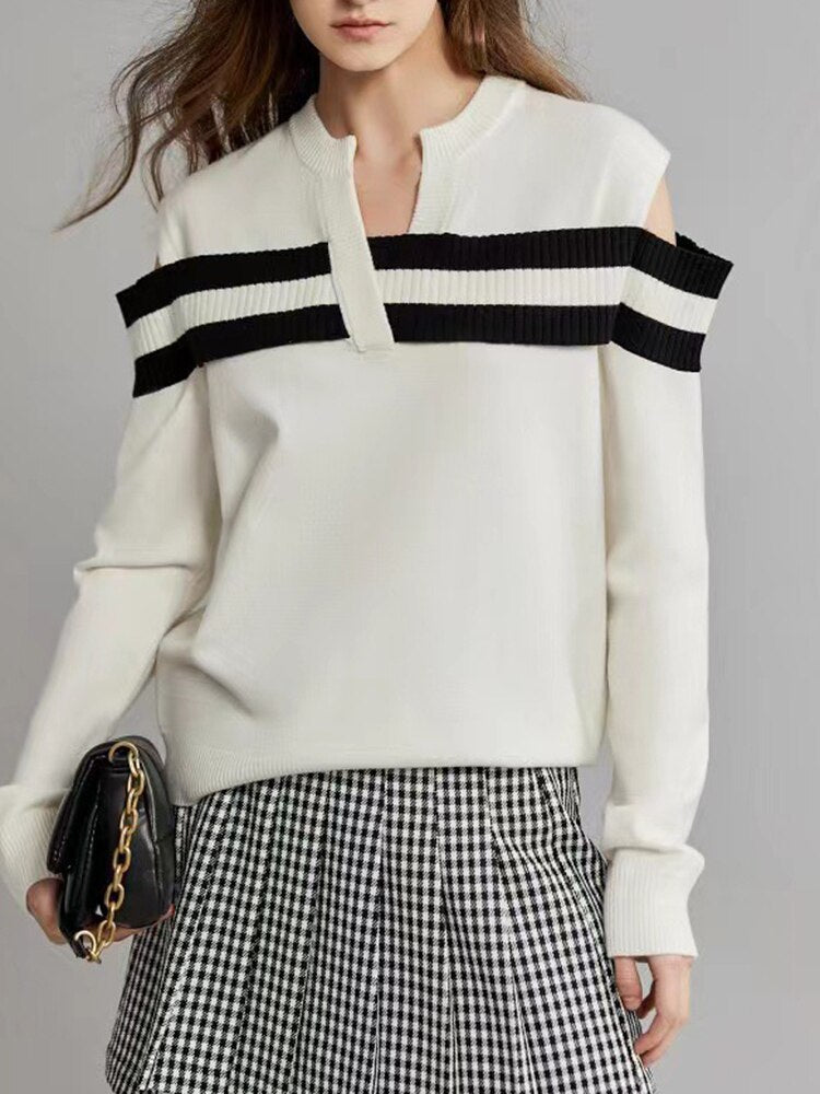 Color Block V-Neck Off-Shoulder Sweater, Upper West Side | Women - BYMANYC ® New York - BYMANYC ® New York  