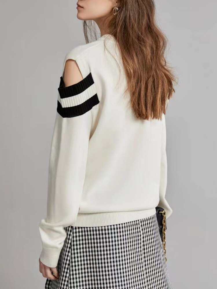 Color Block V-Neck Off-Shoulder Sweater, Upper West Side | Women - BYMANYC ® New York - BYMANYC ® New York  