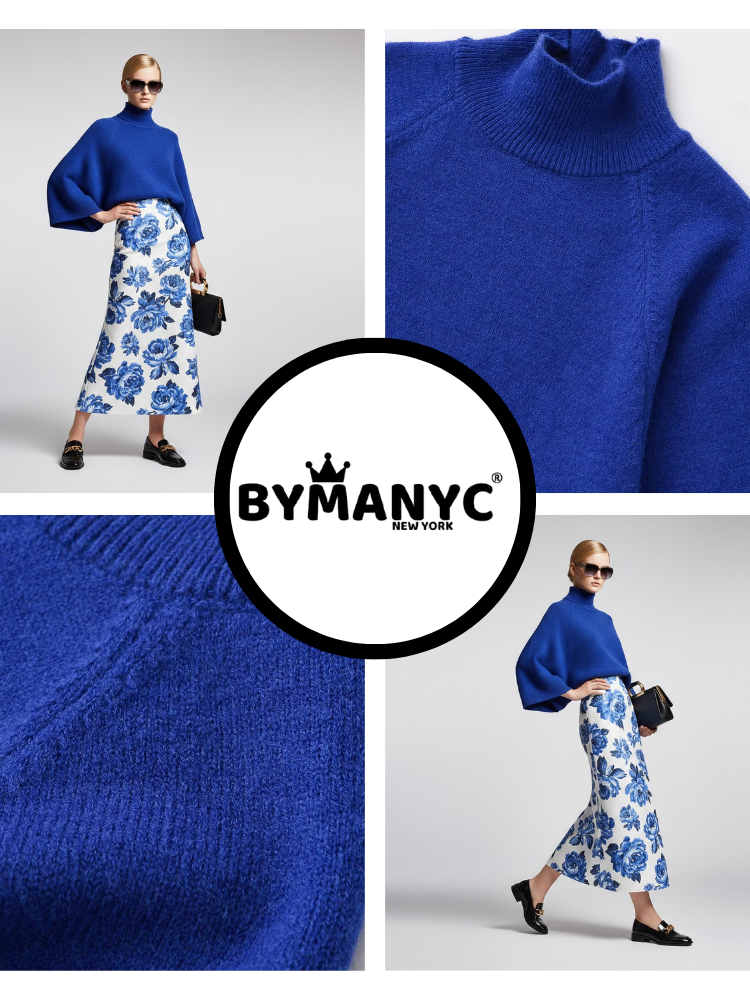  Electric Blue Relaxed-Fit Knit Sweater with Perkins Collar • BYMANYC ® New York  NYC Wholesale Boutique Inventory - No MOQ & Ready to Ship