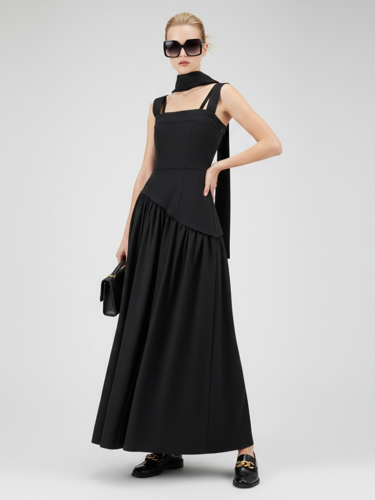  Elegant Black Maxi Dress with Multi-Strap Design and Asymmetrical Skirt • BYMANYC ® New York  NYC Wholesale Boutique Inventory - No MOQ & Ready to Ship