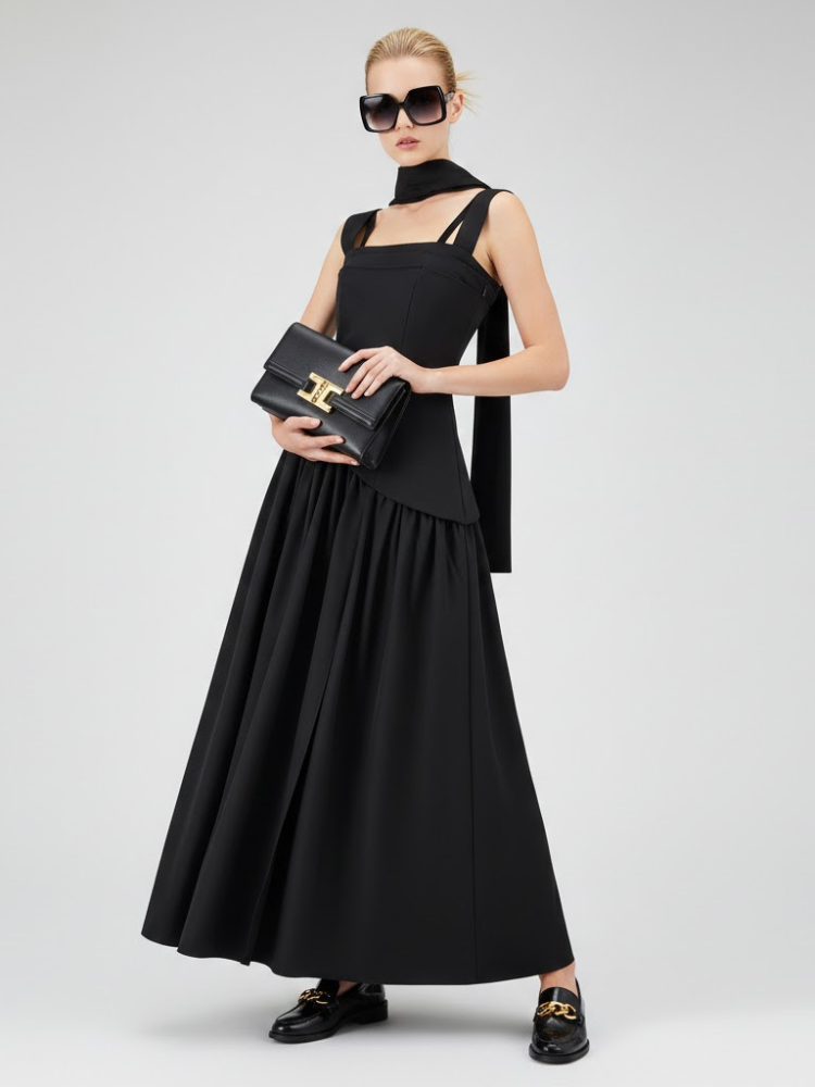  Elegant Black Maxi Dress with Multi-Strap Design and Asymmetrical Skirt • BYMANYC ® New York  NYC Wholesale Boutique Inventory - No MOQ & Ready to Ship