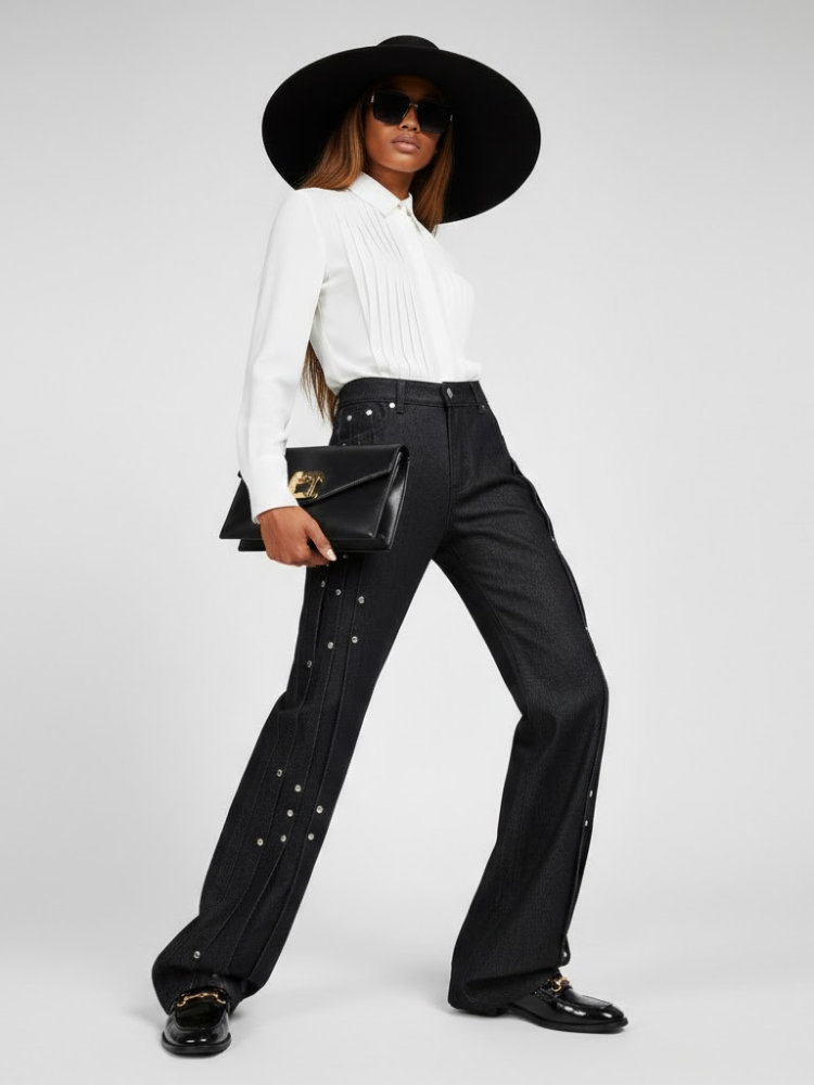  Elegant Wide-Leg Denim Trousers with Paneling and Stud Details • BYMANYC ® New York  NYC Wholesale Boutique Inventory - No MOQ & Ready to Ship