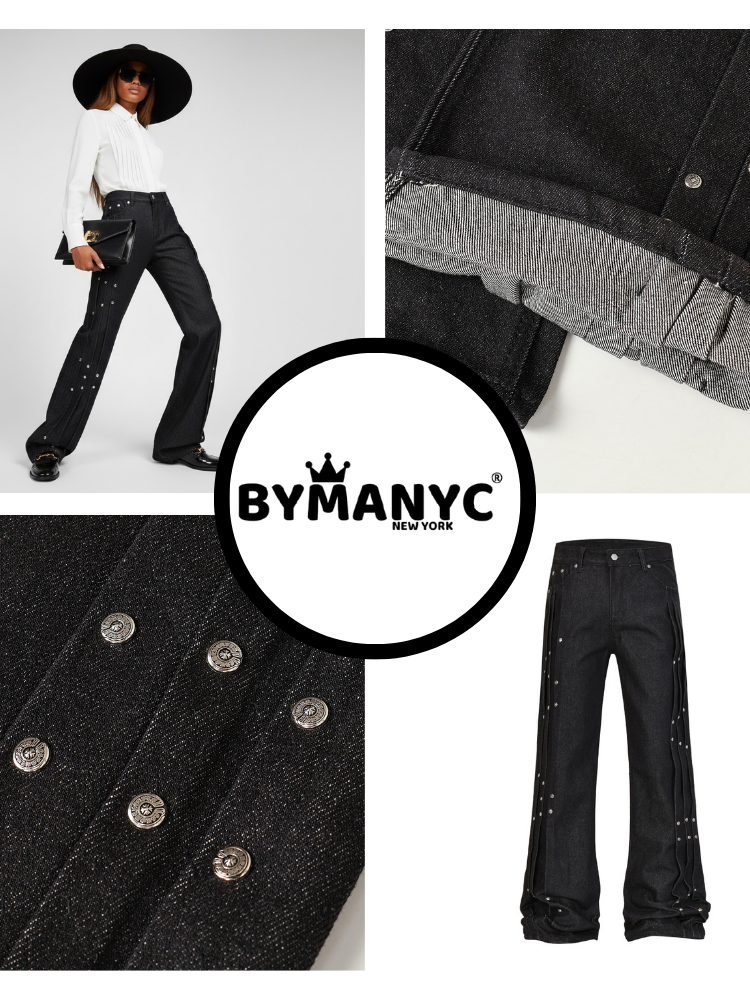  Elegant Wide-Leg Denim Trousers with Paneling and Stud Details • BYMANYC ® New York  NYC Wholesale Boutique Inventory - No MOQ & Ready to Ship