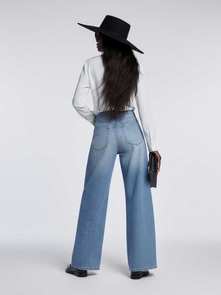 Elegant Wide-Leg Denim Trousers with Structural Paneling • BYMANYC ® New York - BYMANYC ® New York  