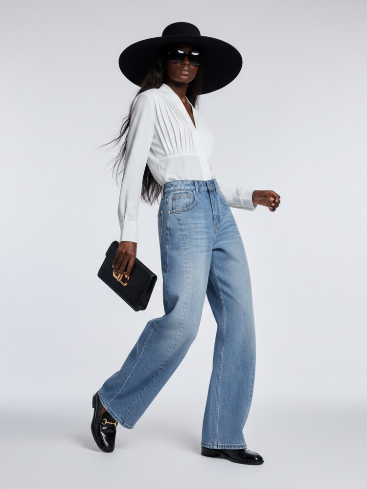 Elegant Wide-Leg Denim Trousers with Structural Paneling • BYMANYC ® New York - BYMANYC ® New York  