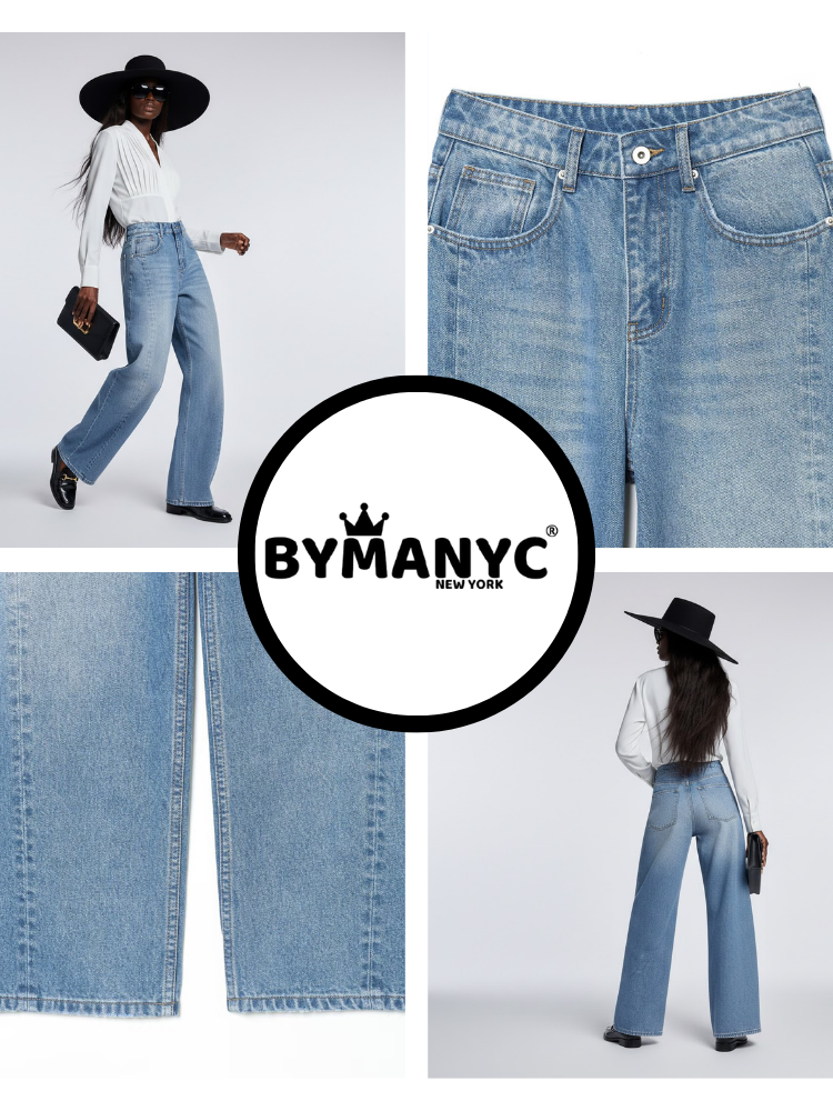  Elegant Wide-Leg Denim Trousers with Structural Paneling • BYMANYC ® New York  NYC Wholesale Boutique Inventory - No MOQ & Ready to Ship