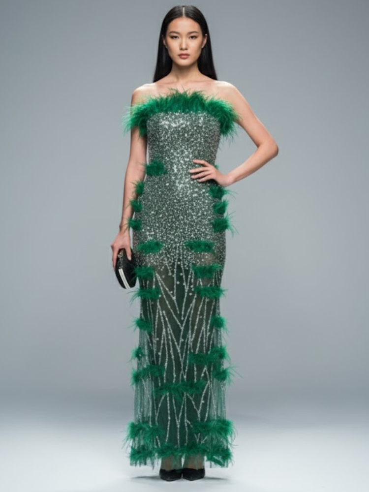  Emerald Sequin and Feather Gala Dress THE BRONX ZOO: Prêt-à-Porter Line BYMANYC ® New York  NYC Wholesale Boutique Inventory - No MOQ & Ready to Ship