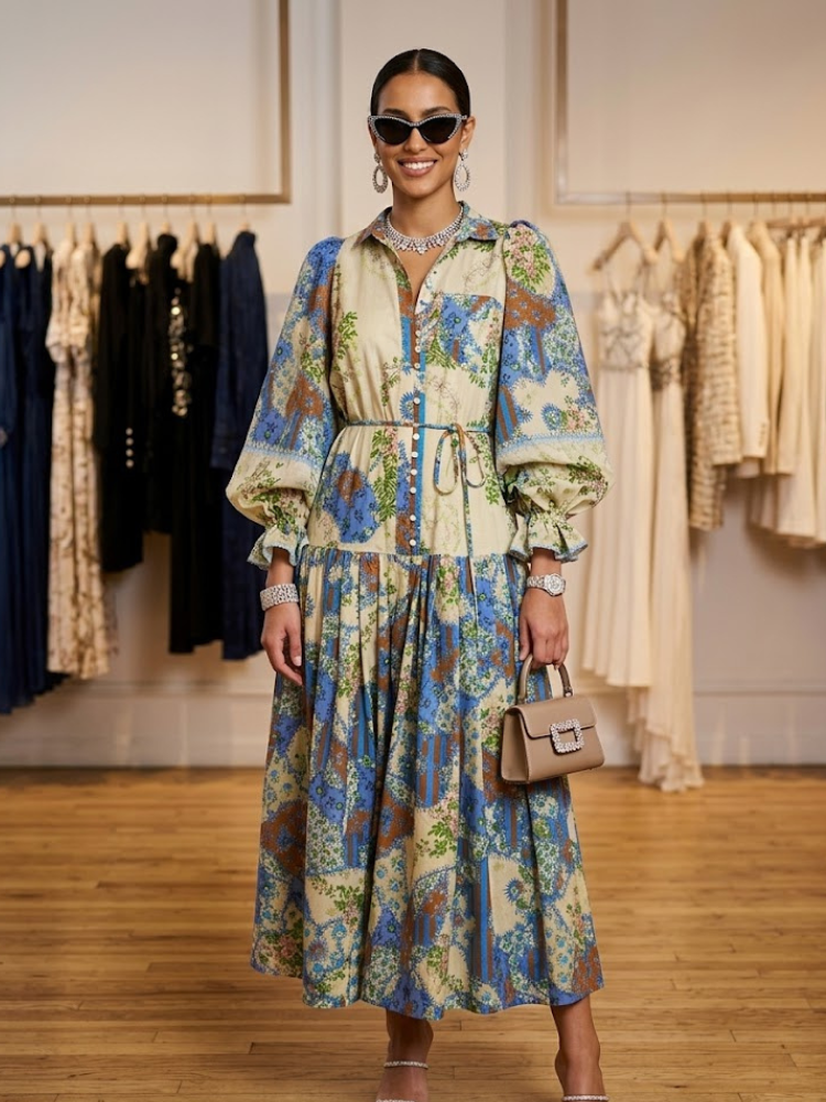  Floral Patchwork Puff Sleeve Maxi Dress HUDSON New Collection FASHION BYMANYC ® New York  NYC Wholesale Boutique Inventory - No MOQ & Ready to Ship