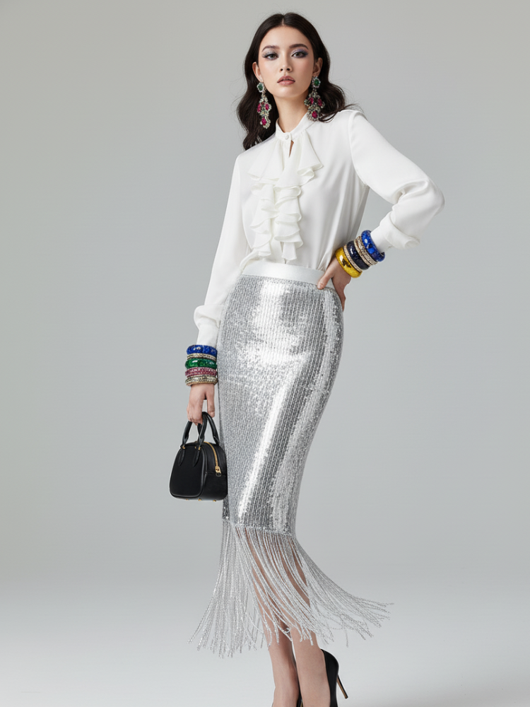 GALA GLAMOUR Fringed Midi Skirt ECO FASHION BYMANYC ® New York - BYMANYC ® New York  