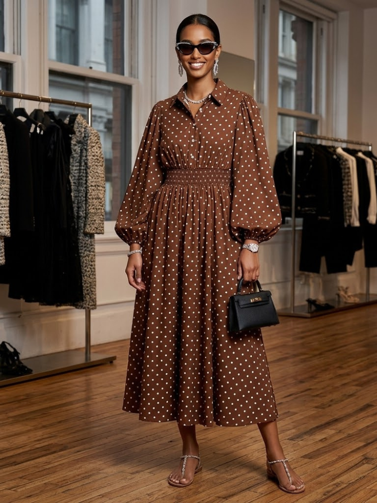  Gemini ha dicho Brown Polka Dot Shirt Dress TRIBECA New Collection FASHION BYMANYC ® New York  NYC Wholesale Boutique Inventory - No MOQ & Ready to Ship