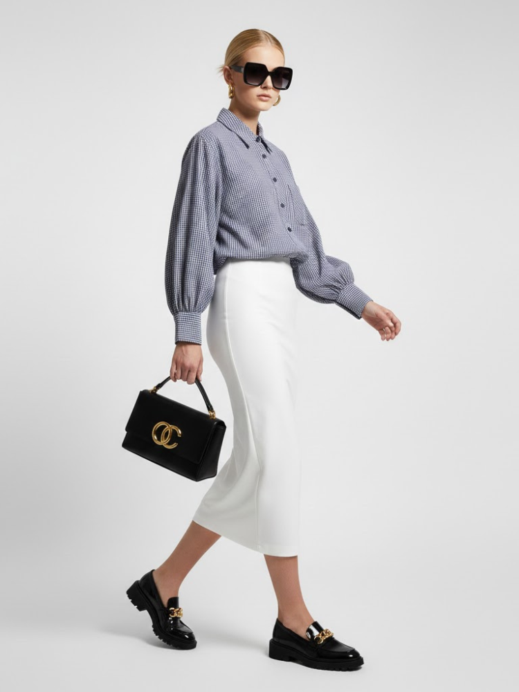 Gingham Check Shirt with Elastic Hem and Puff Sleeves • BYMANYC ® New York - BYMANYC ® New York  