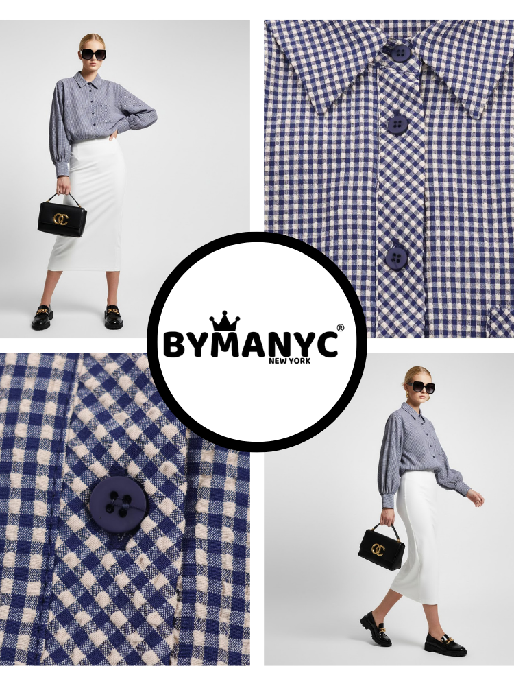 Gingham Check Shirt with Elastic Hem and Puff Sleeves • BYMANYC ® New York - BYMANYC ® New York  