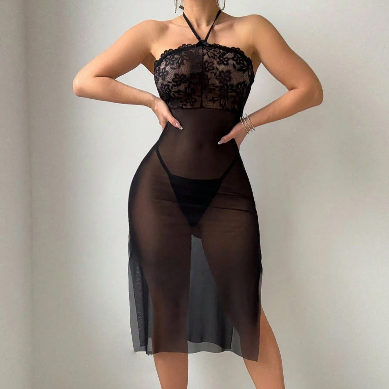 Halter Neck Lingerie Dress with Sheer Lace For Women, Greenwich Village, BYMANYC New York. - BYMANYC ® New York  