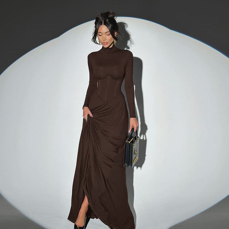 High Neck Waist-Cinched Slit Dress For Women, Elegant, Fifth Avenue, BYMANYC New York. - BYMANYC ® New York  