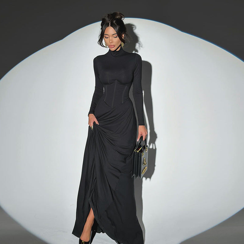 High Neck Waist-Cinched Slit Dress For Women, Elegant, Fifth Avenue, BYMANYC New York. - BYMANYC ® New York  