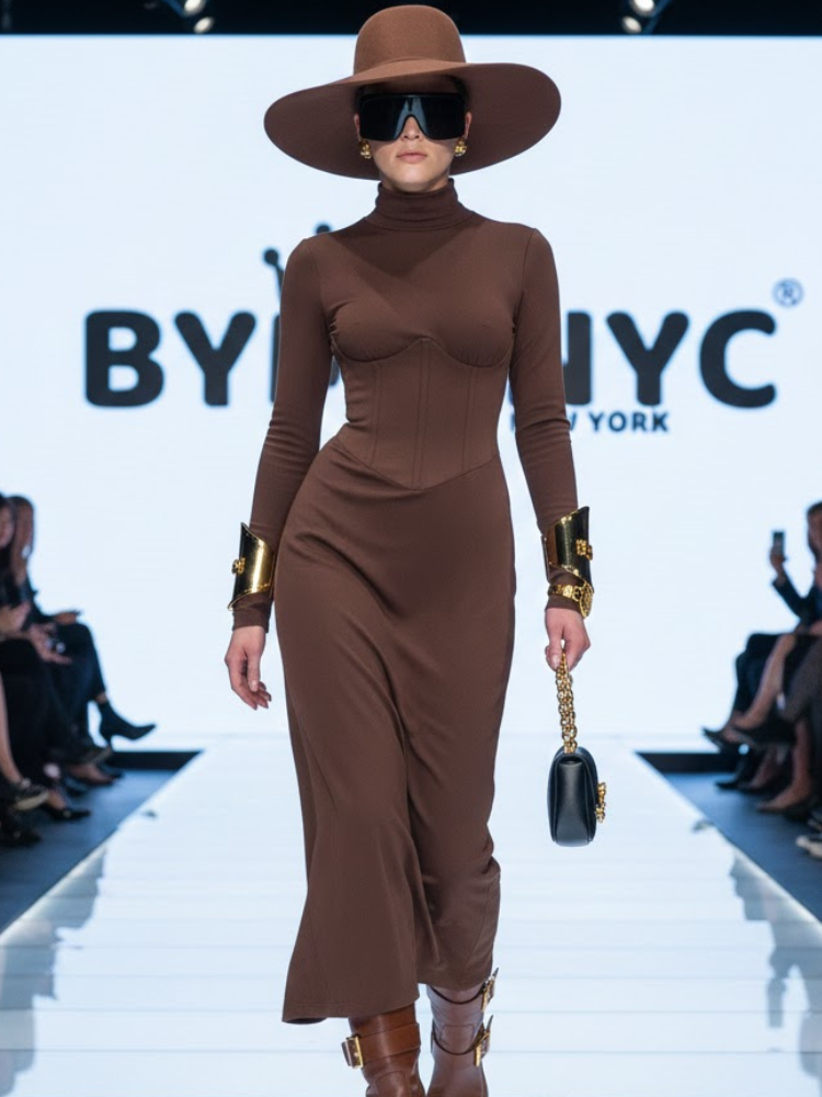 High Neck Waist-Cinched Slit Dress For Women, Elegant, Fifth Avenue, BYMANYC New York. - BYMANYC ® New York  