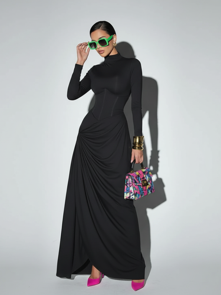  High Neck Waist-Cinched Slit Dress For Women, Elegant, Fifth Avenue, BYMANYC New York.  NYC Wholesale Boutique Inventory - No MOQ & Ready to Ship