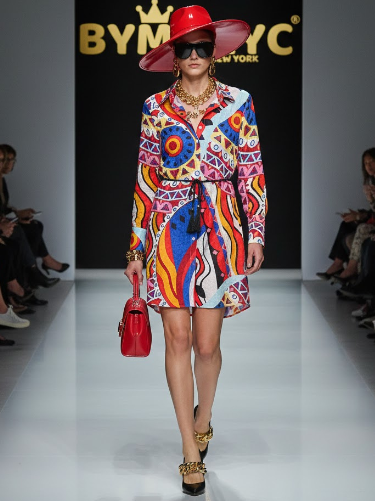 "Kaleidoscope" Geometric Print Mini Shirt Dress with Tassel Belt • BYMANYC ® New York - BYMANYC ® New York  