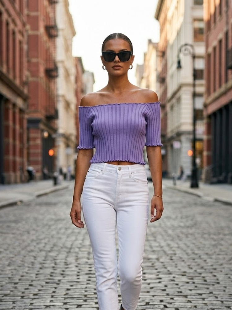  Lavender ASTOR Ribbed Off-the-Shoulder Top Prêt-à-Porter BYMANYC ®  NYC Wholesale Boutique Inventory - No MOQ & Ready to Ship