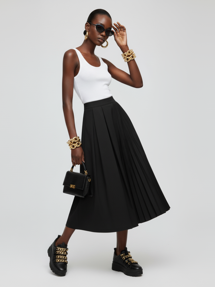  MIDTOWN DELUXE Pleated Midi Skirt ECO FASHION BYMANYC ® New York  NYC Wholesale Boutique Inventory - No MOQ & Ready to Ship