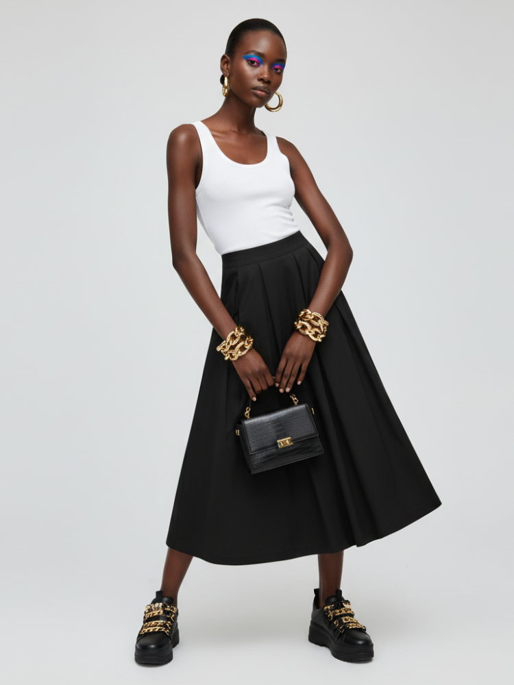  MIDTOWN DELUXE Pleated Midi Skirt ECO FASHION BYMANYC ® New York  NYC Wholesale Boutique Inventory - No MOQ & Ready to Ship