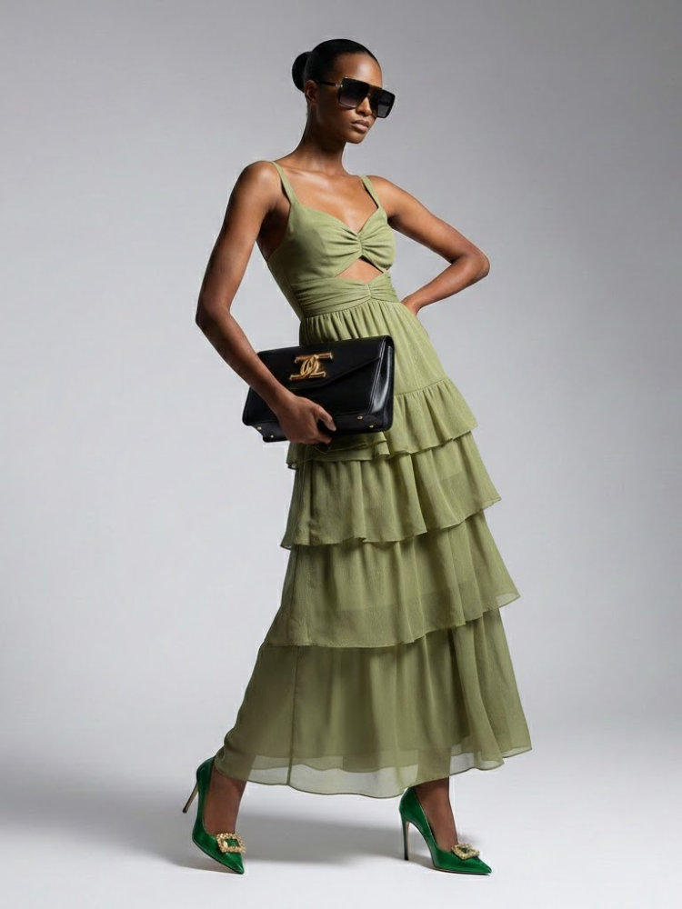  Maxi Dress New Collection BYMANYC ® New York • Olive Green Ruffles  NYC Wholesale Boutique Inventory - No MOQ & Ready to Ship