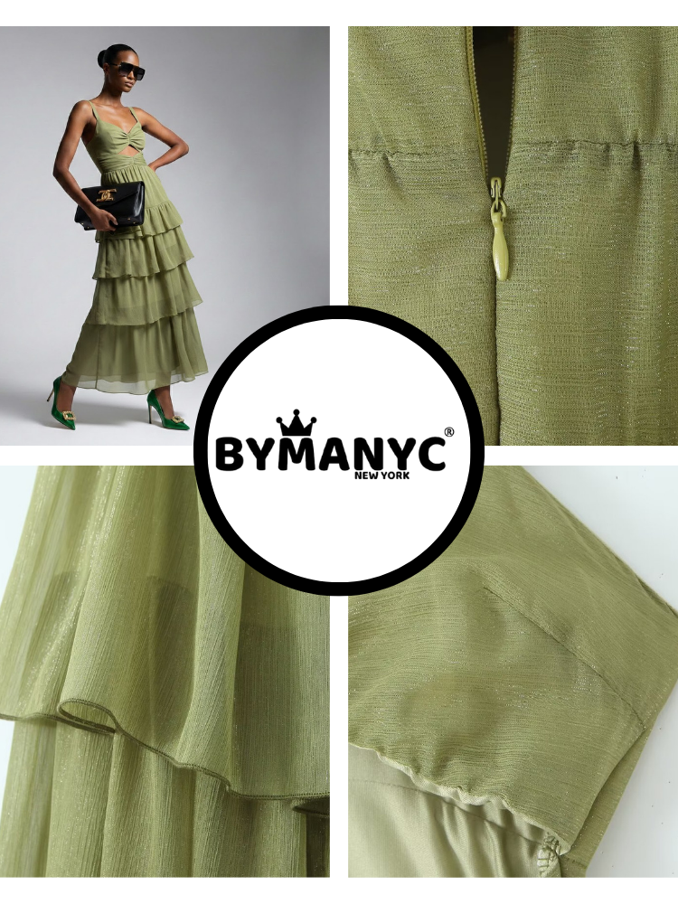  Maxi Dress New Collection BYMANYC ® New York • Olive Green Ruffles  NYC Wholesale Boutique Inventory - No MOQ & Ready to Ship