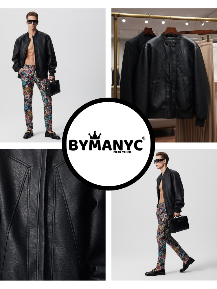  Men's Vegan Leather Bomber Jacket EAST VILLAGE NYFW New Colecction BYMANYC ® New York  NYC Wholesale Boutique Inventory - No MOQ & Ready to Ship
