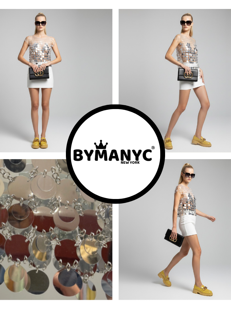  Metallic Chainmail Top with Silver Mirror Discs • BYMANYC ® New York  NYC Wholesale Boutique Inventory - No MOQ & Ready to Ship