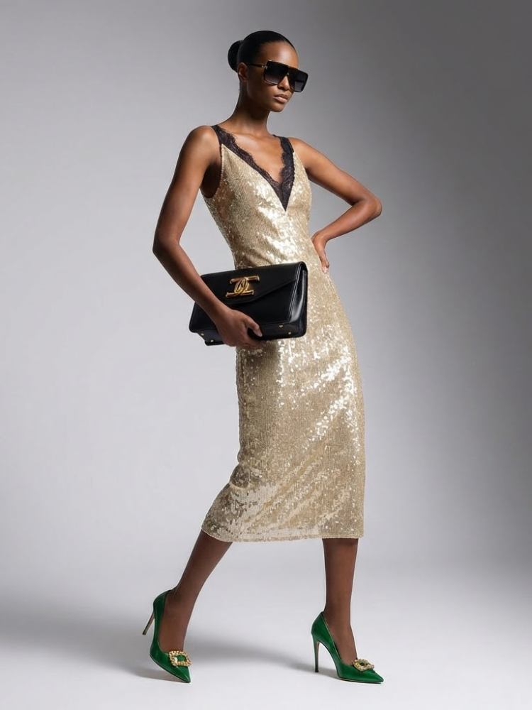  Midi Dress New Collection BYMANYC ® New York • Champagne Gold Sequins & Lace  NYC Wholesale Boutique Inventory - No MOQ & Ready to Ship