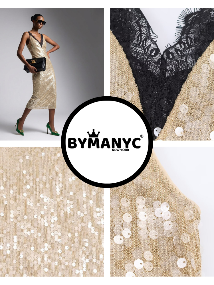  Midi Dress New Collection BYMANYC ® New York • Champagne Gold Sequins & Lace  NYC Wholesale Boutique Inventory - No MOQ & Ready to Ship