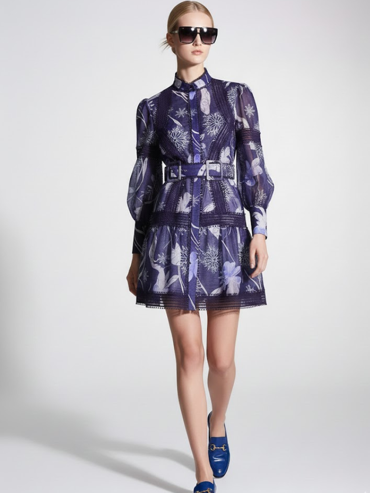  Midnight Blue Mini Dress with Snowflake Print and Guipure Lace • BYMANYC ® New York  NYC Wholesale Boutique Inventory - No MOQ & Ready to Ship