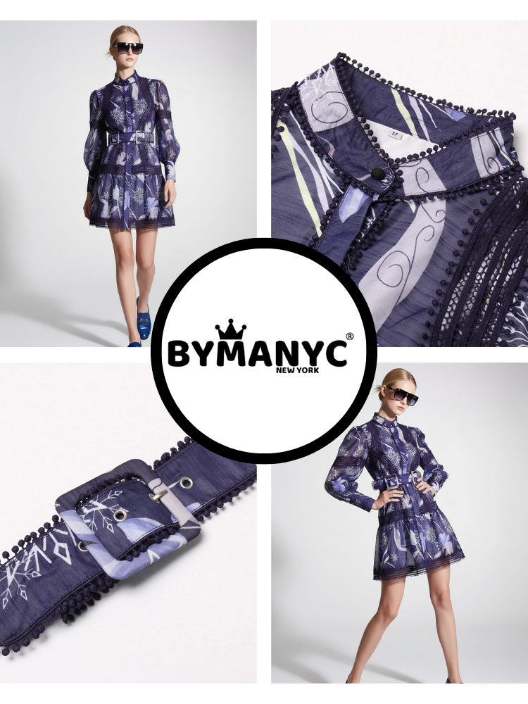  Midnight Blue Mini Dress with Snowflake Print and Guipure Lace • BYMANYC ® New York  NYC Wholesale Boutique Inventory - No MOQ & Ready to Ship