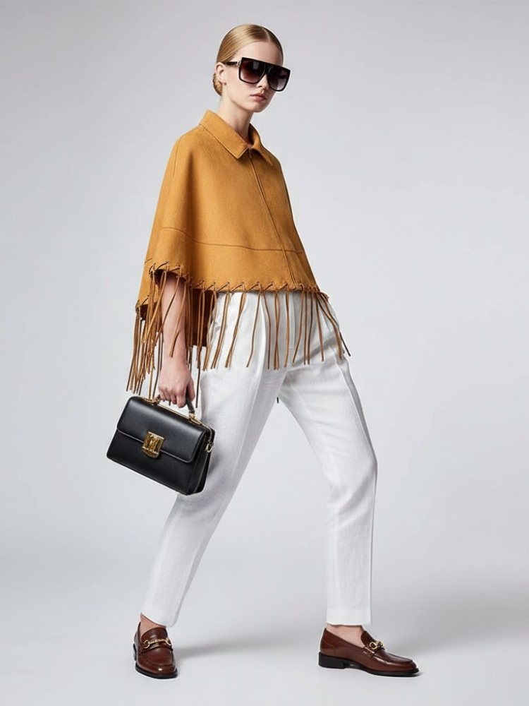  Mustard Suede-Finish Cape with Fringes and Eyelet Details • BYMANYC ® New York  NYC Wholesale Boutique Inventory - No MOQ & Ready to Ship
