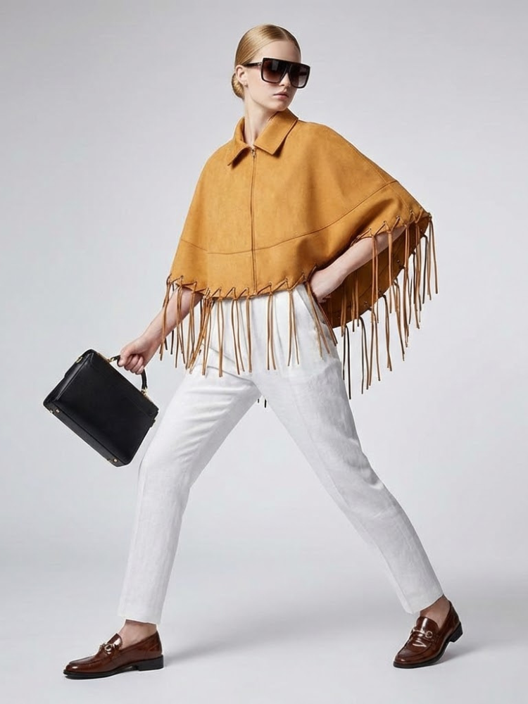 Mustard Suede-Finish Cape with Fringes and Eyelet Details • BYMANYC ® New York  NYC Wholesale Boutique Inventory - No MOQ & Ready to Ship