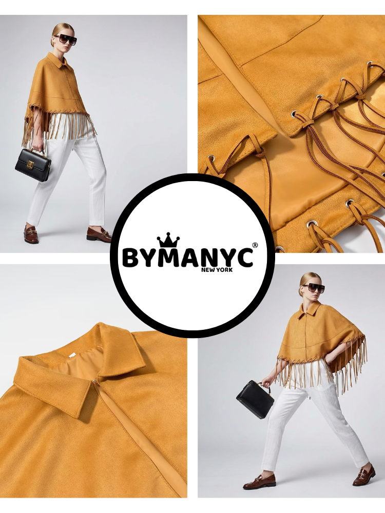  Mustard Suede-Finish Cape with Fringes and Eyelet Details • BYMANYC ® New York  NYC Wholesale Boutique Inventory - No MOQ & Ready to Ship