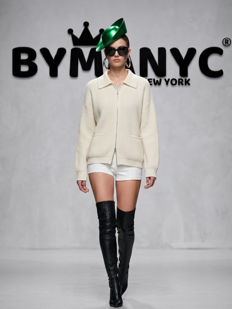 Women's Cream Ribbed Zip-Front Knit Jacket with Collar Prêt-à-Porter BYMANYC ® New York - New Collection