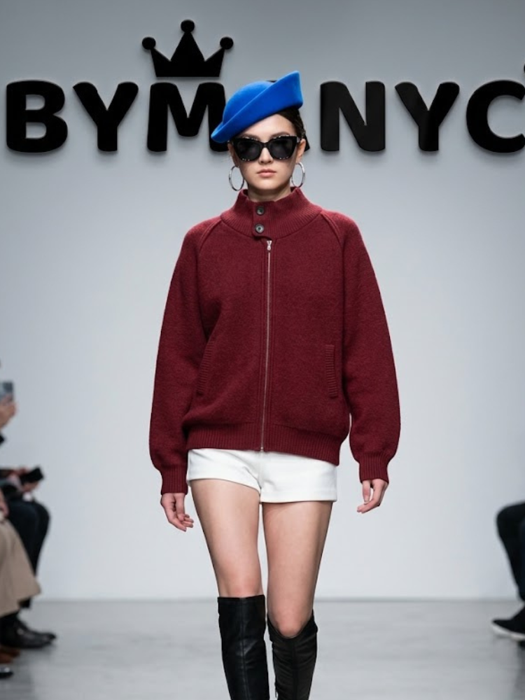 Women's Olive Green Zip-Front Knit Jacket with High Buttoned Collar Prêt-à-Porter BYMANYC ® New York - New Collection