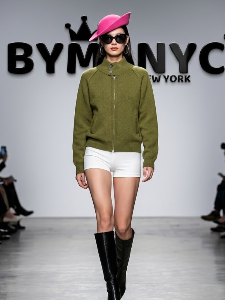 Women's Olive Green Zip-Front Knit Jacket with High Buttoned Collar Prêt-à-Porter BYMANYC ® New York - New Collection