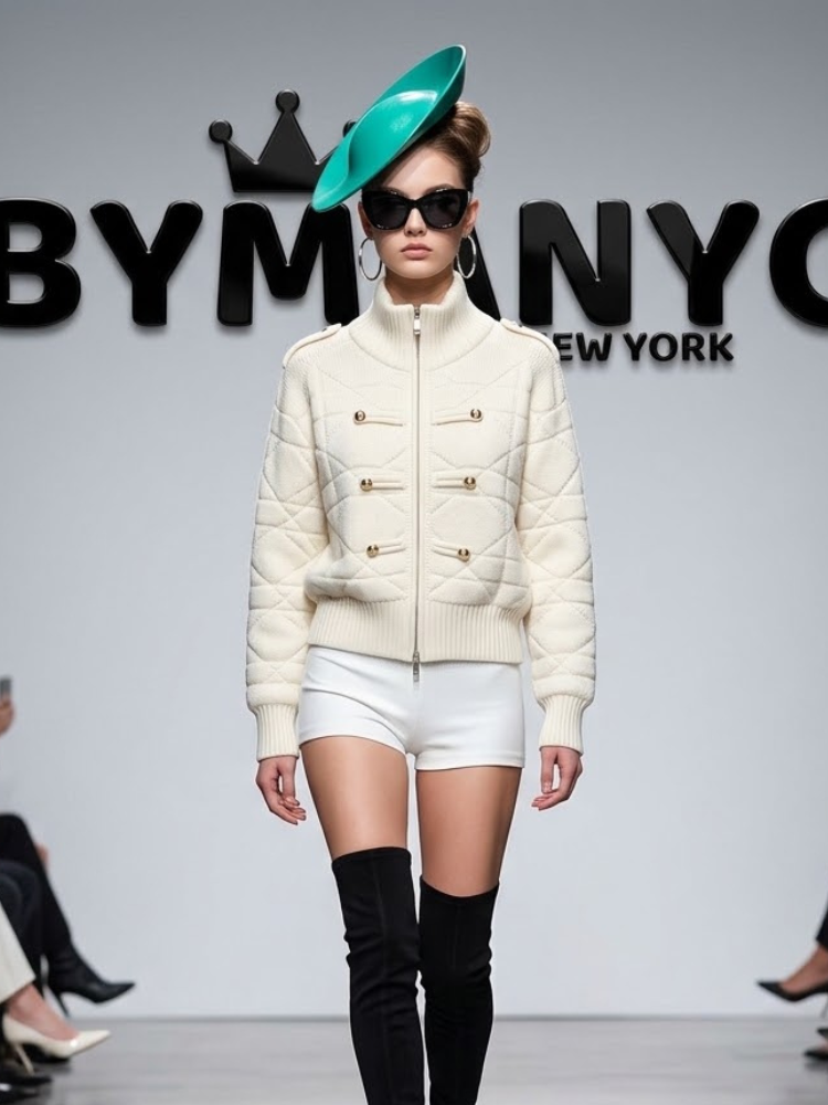 Women's Cream Diamond-Textured Zip-Front Military-Style Knit Jacket Soho Prêt-à-Porter BYMANYC ® New York - New Collection