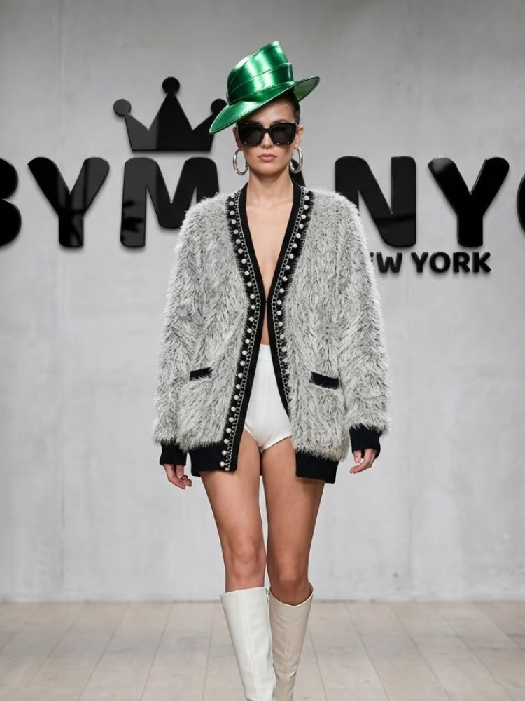 Women's Soft Textured Grey Trimmed Cardigan Soho Prêt-à-Porter BYMANYC ® New York - New Collection