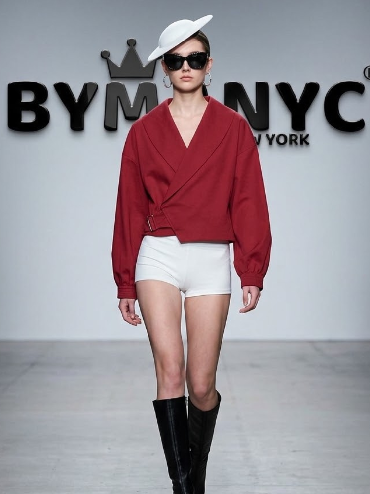 Women's Olive Green Cropped Wrap Jacket with Wide Shawl Lapel and Belt Prêt-à-Porter BYMANYC ® New York - New Collection