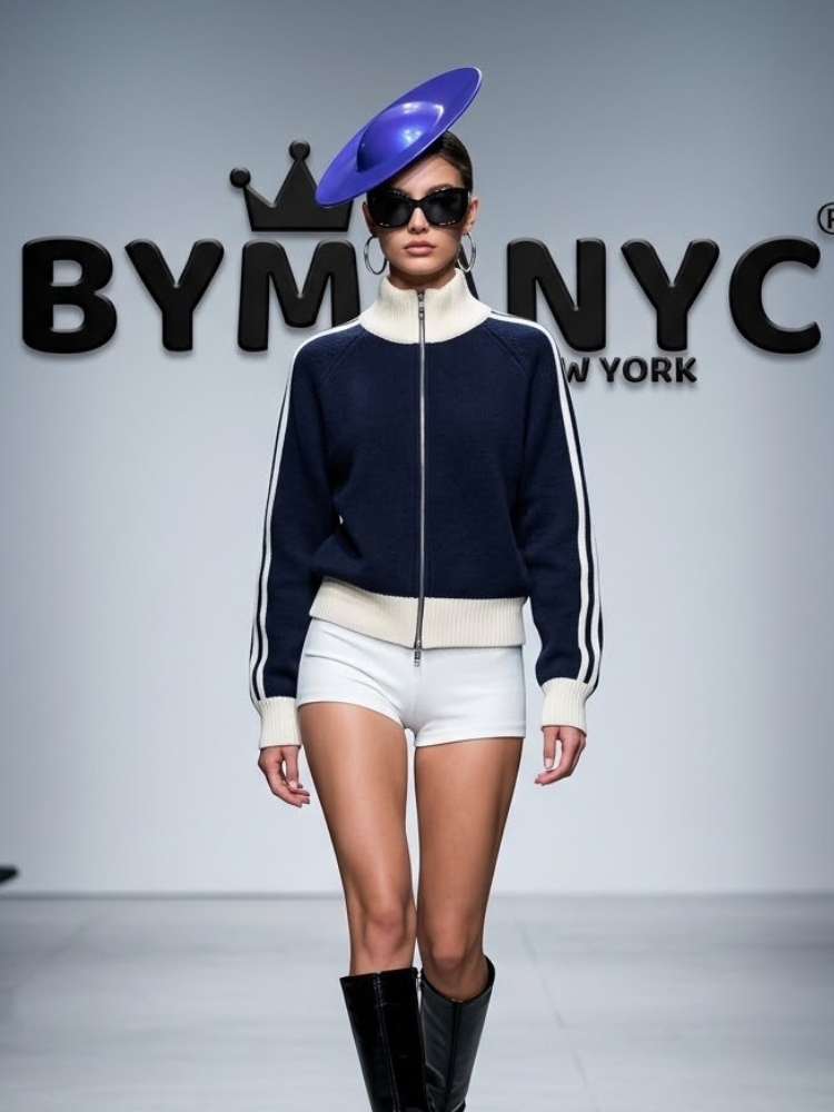 Women's Zip-Front Navy Blue Knit Jacket with Contrast Stripe Soho Prêt-à-Porter BYMANYC ® New York - New Collection