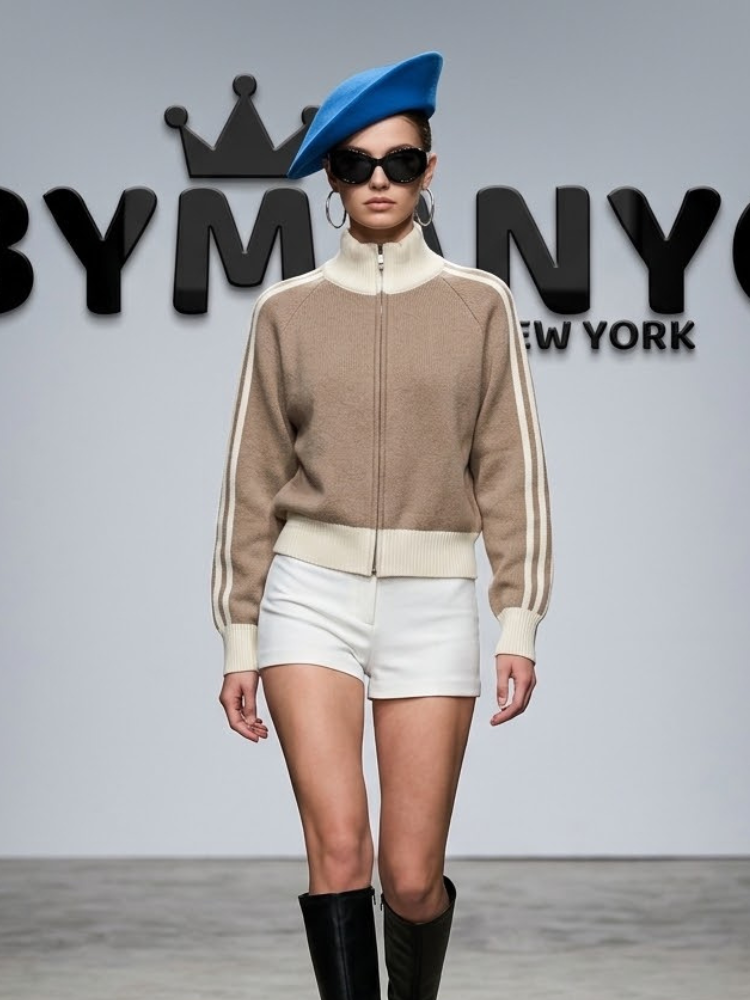 Women's Zip-Front Navy Blue Knit Jacket with Contrast Stripe Soho Prêt-à-Porter BYMANYC ® New York - New Collection