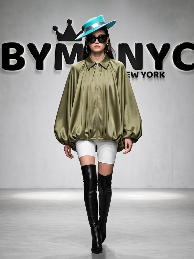 Women's Olive Green Satin Oversized Zip-Front Blouse Jacket with Shirt Collar Prêt-à-Porter BYMANYC ® New York - New Collection