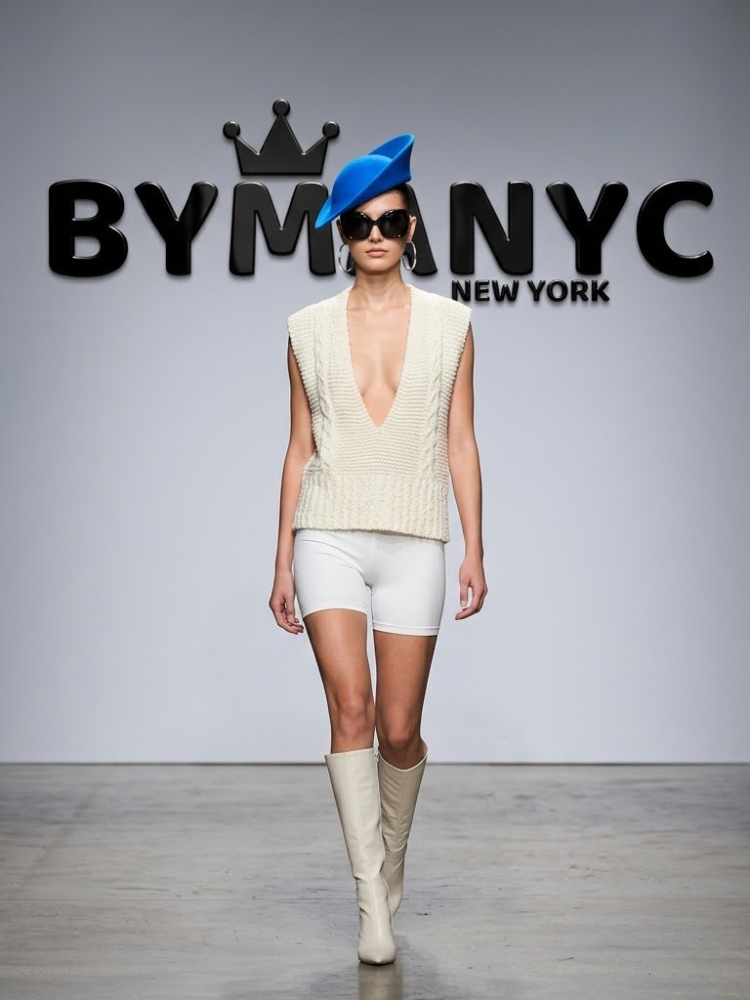Women's Cream Sleeveless Knit Vest with Deep V-Neck and Cable Detail Prêt-à-Porter BYMANYC ® New York - New Collection