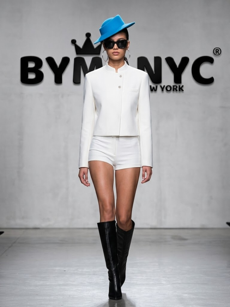 Women's White Cropped Jacket with Mandarin Collar and Asymmetric Buttons Prêt-à-Porter BYMANYC ® New York - New Collection