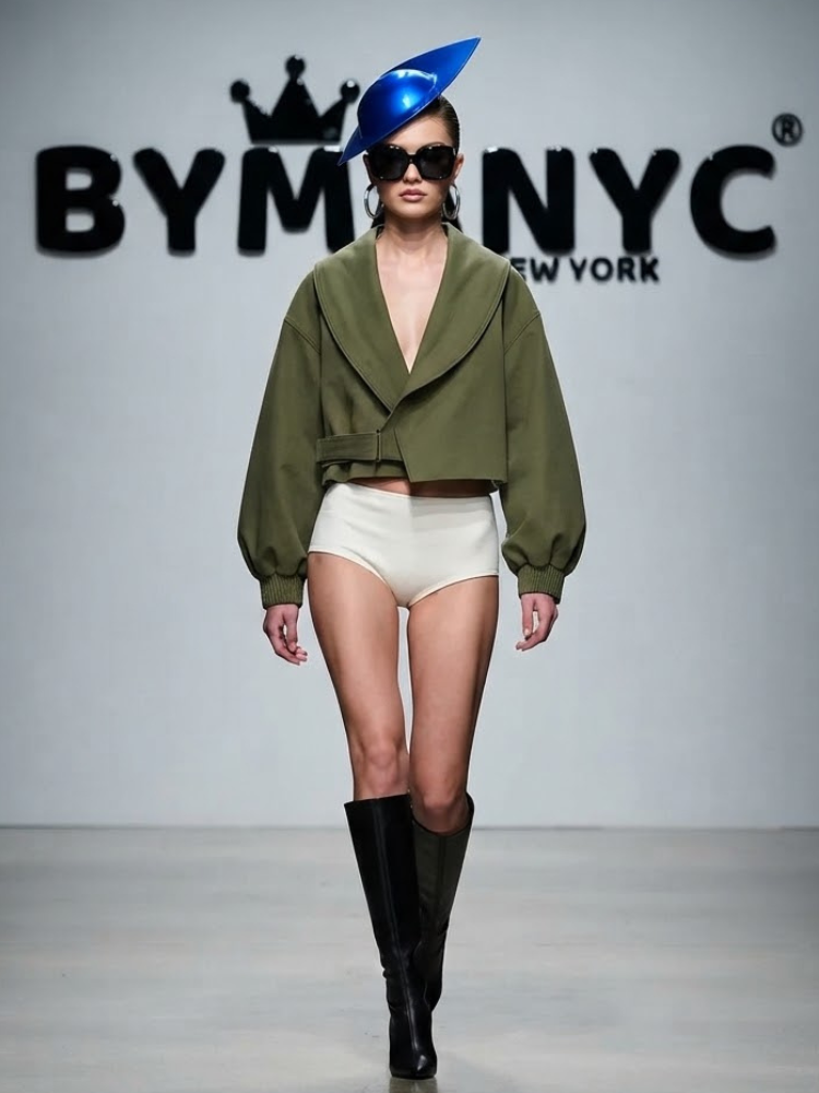 Women's Olive Green Cropped Wrap Jacket with Wide Shawl Lapel and Belt Prêt-à-Porter BYMANYC ® New York - New Collection